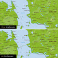 Topografische Dänemark-Karte Pinn-Leinwand in Multicolor Topo mit optional  eingedrucktem Straßennetz aus Autobahnen und Landstraßen