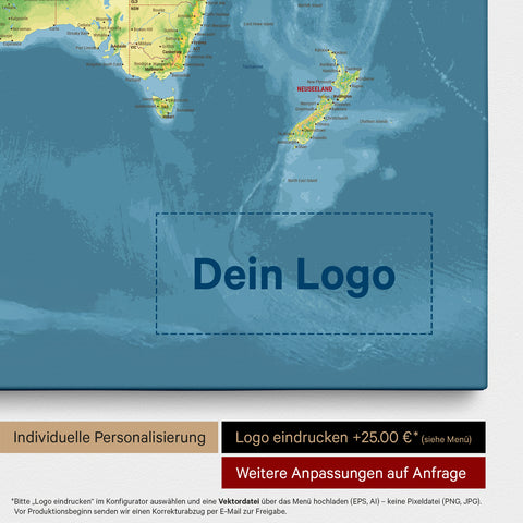 Weltkarte als Pinn-Leinwand in Oliv-Grün, auf die ein Firmenlogo eingedruckt werden kann und weitere Individualisierungen als Sonderanfertigung vorgenommen werden können