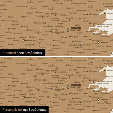 Vergleich einer England-Karte in Farbe Bronze mit und ohne Straßennetz