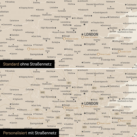 Vergleich einer England-Karte in Farbe Gold Beige mit und ohne Straßennetz