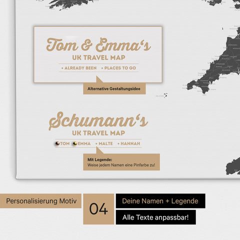 England-Karte als Leinwand zum Pinnen in Farbe Light Gray mit Personalisierung in Form eines Logos für Familiennamen