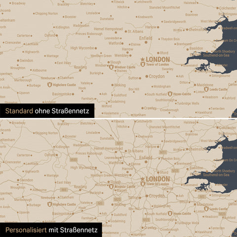 Vergleich einer England-Karte in Farbe Hale Navy (Dunkelblau-Gold) mit und ohne Straßennetz