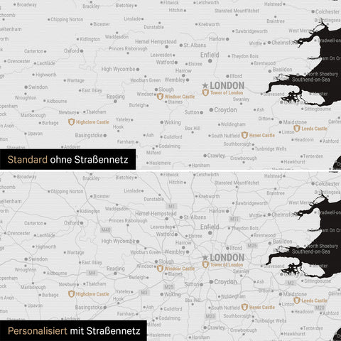 Vergleich einer England-Karte in Farbe Schwarz-Weiß mit und ohne Straßennetz