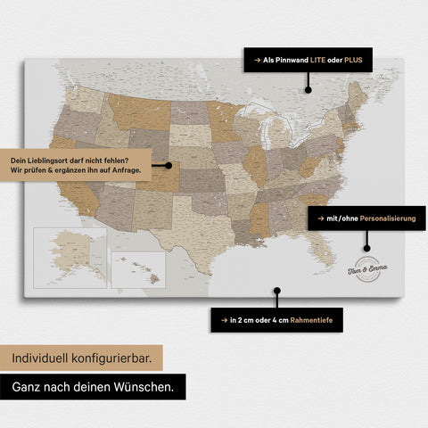 Vielfältige Konfigurationsmöglichkeiten einer USA Amerika Landkarte als Pinn-Leinwand in Farbe Multicolor Beige