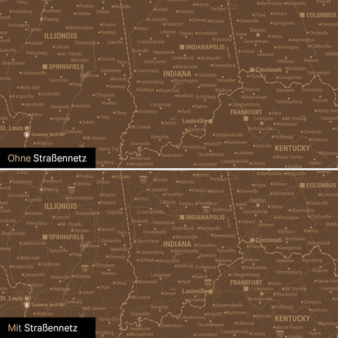 USA Amerika Karte Pinn-Leinwand in Braun optional mit dem Straßennetz der größten Highways und Interstates