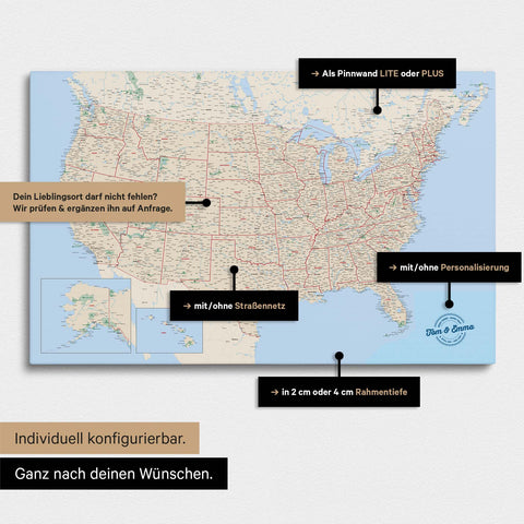 Vielfältige Konfigurationsmöglichkeiten einer USA Amerika Landkarte als Pinn-Leinwand in Farbe Mulitcolor Classic