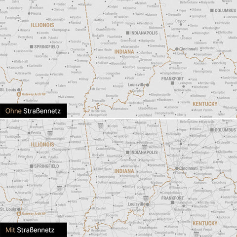 USA Amerika Karte Pinn-Leinwand in Dunkelgrau optional mit dem Straßennetz der größten Highways und Interstates