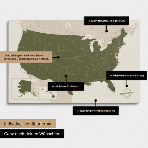 Vielfältige Konfigurationsmöglichkeiten einer USA Amerika Landkarte als Pinn-Leinwand in Farbe Olive Green