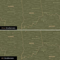 USA Amerika Karte Pinn-Leinwand in Olive Green optional mit dem Straßennetz der größten Highways und Interstates