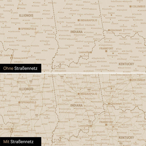 USA Amerika Karte Pinn-Leinwand in Hale Navy (Dunkelblau Gold) optional mit dem Straßennetz der größten Highways und Interstates