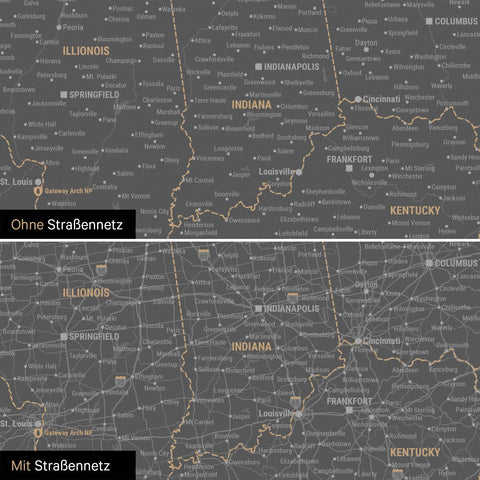 USA Amerika Karte Pinn-Leinwand in Light Gray optional mit dem Straßennetz der größten Highways und Interstates