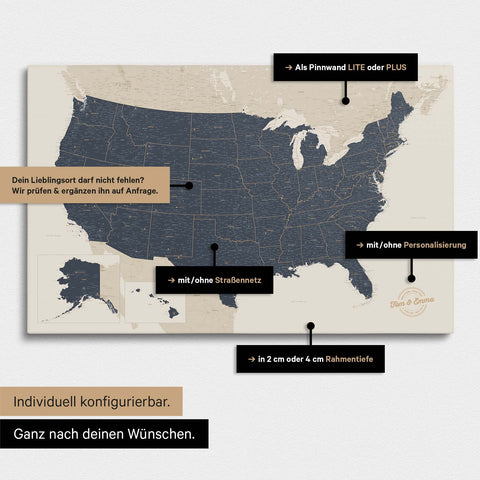 Vielfältige Konfigurationsmöglichkeiten einer USA Amerika Landkarte als Pinn-Leinwand in Farbe Navy Light