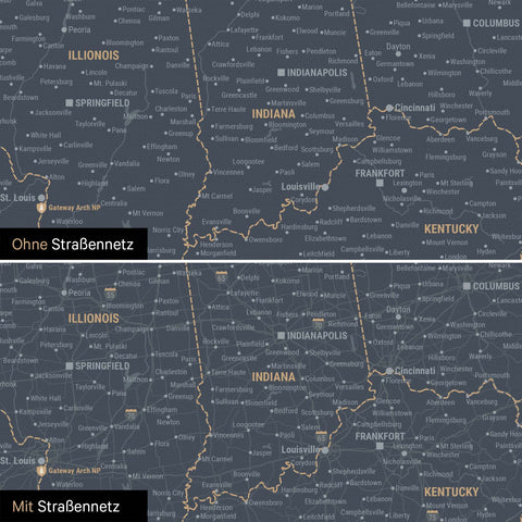 USA Amerika Karte Pinn-Leinwand in Navy Light optional mit dem Straßennetz der größten Highways und Interstates