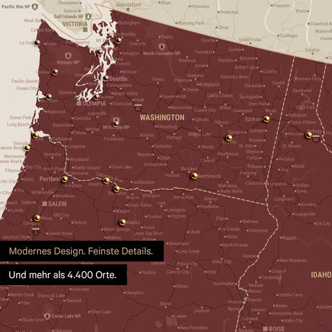 Ausschnitt einer USA Amerika Karte als Pinn-Leinwand in Bordeaux Rot zeigt Reiseziele und Highlights in Washington, Oregon und Idaho