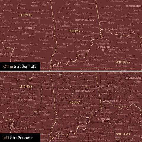 USA Amerika Karte Pinn-Leinwand in Bordeaux Rot optional mit dem Straßennetz der größten Highways und Interstates