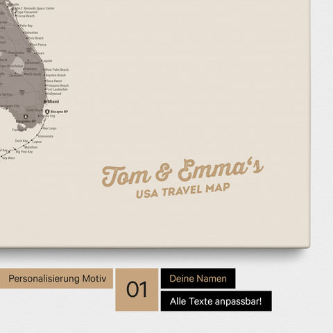 USA Amerika Karte mit hohem Detailgrad als Pinnwand Leinwand in Warmgray (Braun-Grau) mit Personalisierung und Eindruck mit deinem Namen