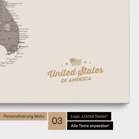 Pinnwand Leinwand einer USA Amerika Karte in Warmgray (Braun-Grau) mit eingedrucktem Logo „United States"