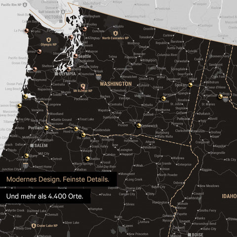 Ausschnitt einer USA Amerika Karte als Pinn-Leinwand in Weiß-Schwarz zeigt Reiseziele und Highlights in Washington, Oregon und Idaho