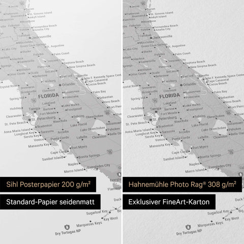 USA Amerika Landkarte in Coolgray als Poster in den Papiersorten Sihl Posterpapier oder Hahnemühle Photo Rag