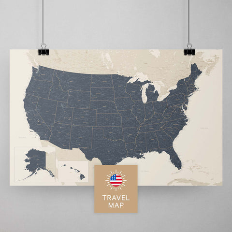 USA Amerika Landkarte in Navy Light mit sehr hohem Detailgrad als Poster kaufen