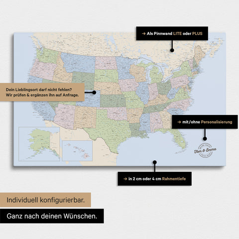 Vielfältige Konfigurationsmöglichkeiten einer politischen USA Amerika Landkarte als Pinn-Leinwand in Farbe Multicolor Atlas