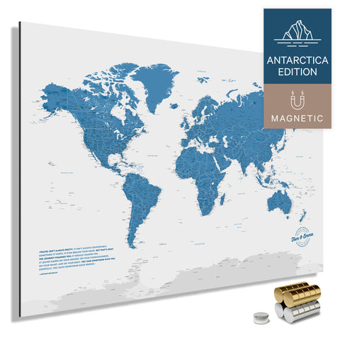 Magnetische Weltkarte ANTARCTICA mit Antarktis als massives Magnetboard in der Farbe Blau, in einem modernen, minimalistischem Design zum Pinnen und Markieren von Reisezielen mit Magneten