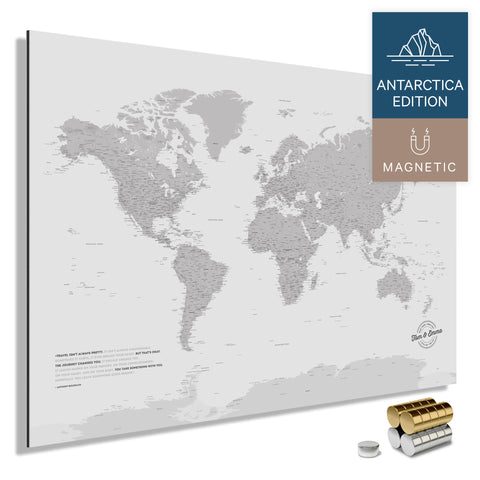 Magnetic World Map ANTARCTICA with Antarctica as a solid magnetic board in Coolgray color, featuring a modern, minimalist design for pinning and marking travel destinations with magnets