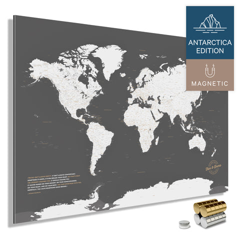 Magnetische Weltkarte ANTARCTICA mit Antarktis als massives Magnetboard in der Farbe Dunkelgrau, in einem modernen, minimalistischem Design zum Pinnen und Markieren von Reisezielen mit Magneten