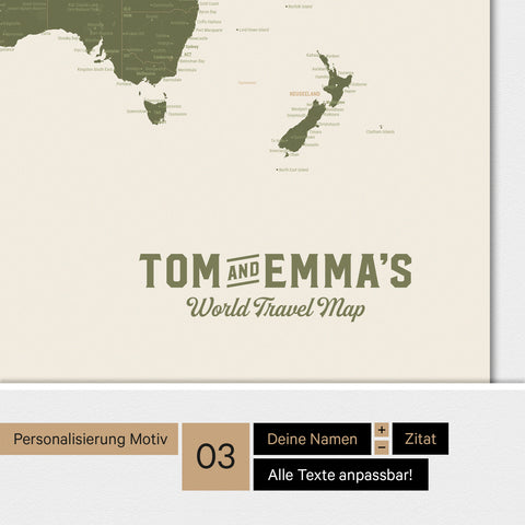 Magnetboard Weltkarte ANTARCTICA in Olive Green mit Personalisierung im Vintage-Stil