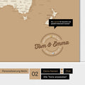 Personalisierte magnetische Weltkarte ANTARCTICA in Treasure Gold mit rundem Logo, das eine Legende für bereits besuchte Reiseziele beinhaltet