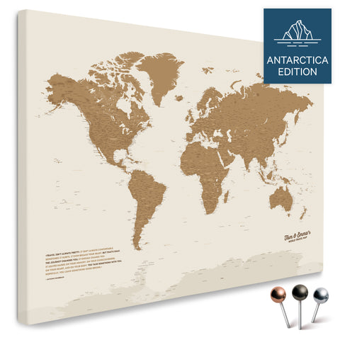 Weltkarte mit Antarktis in Bronze als Pinnwand Leinwand kaufen