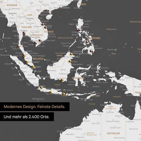 Detail einer Weltkarte in Dunkelgrau zeigt Südost-Asien