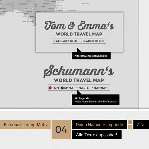 Pinnwand Leinwand einer Antarktis-Weltkarte in Hellgrau mit personalisiertem Logo als Familiennamen