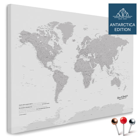 Weltkarte mit Antarktis in Coolgray (Hellgrau) als Pinnwand Leinwand kaufen