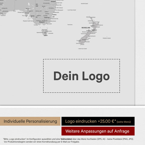 Weltkarte mit Antarktis als Pinn-Leinwand in Multicolor Grau mit Logo-Eindruck für Unternehmen