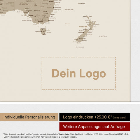 Weltkarte mit Antarktis als Pinn-Leinwand in Multicolor Matt mit Logo-Eindruck für Unternehmen