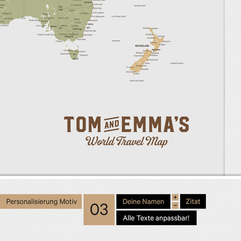 Personalisierte Weltkarte mit Antarktis als Pinn-Leinwand in der Farbe Multicolor Sienna mit einer Personalisierung als Vintage-Logo