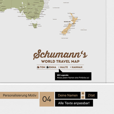 Pinnwand Leinwand einer Antarktis-Weltkarte in Multicolor Sienna mit personalisiertem Logo als Familiennamen