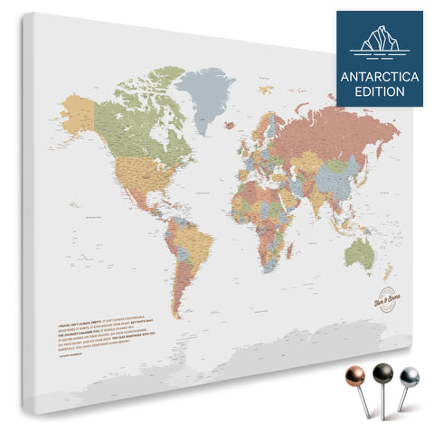 Weltkarte mit Antarktis in Multicolor Sienna als Pinnwand Leinwand kaufen