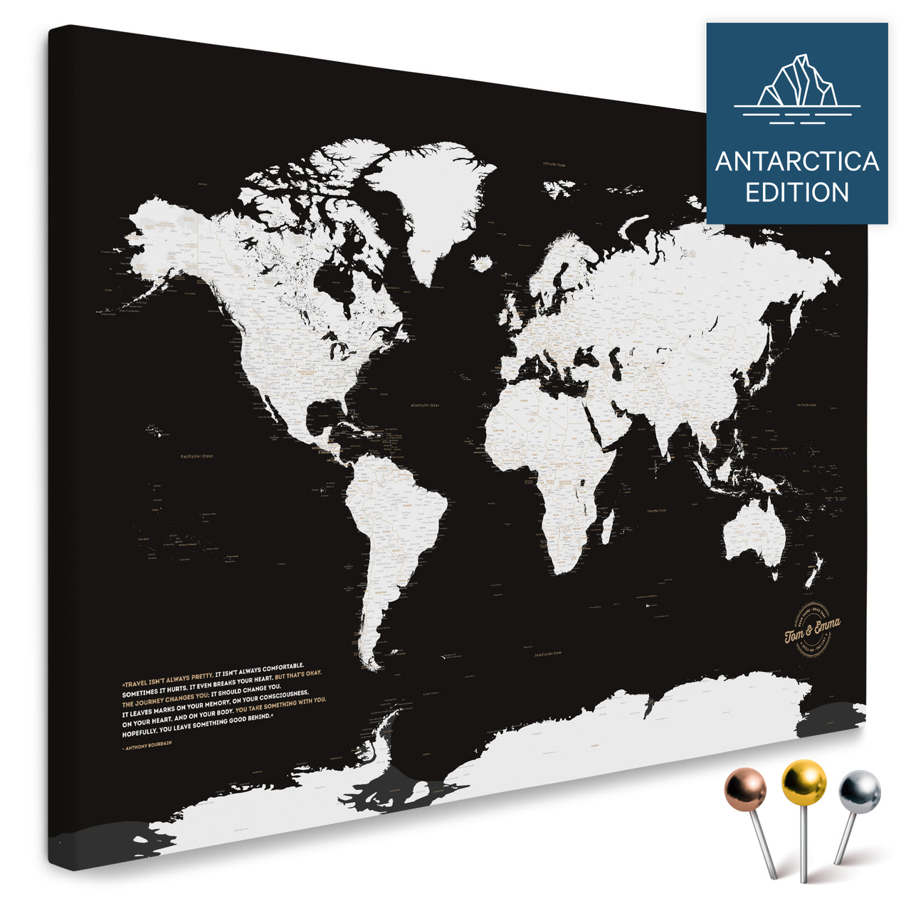 World Map ANTARCTICA® Push Pin Canvas – Black & White – Breuers Weltkarten