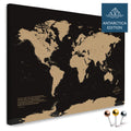 Weltkarte mit Antarktis in Sonar Black (Schwarz-Gold) als Pinnwand Leinwand kaufen