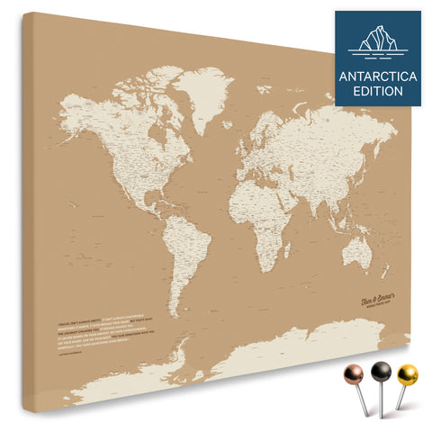 Weltkarte mit Antarktis in Treasure Gold als Pinnwand Leinwand kaufen