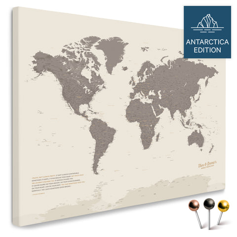Weltkarte mit Antarktis in Warmgray (Braun-Grau) als Pinnwand Leinwand kaufen