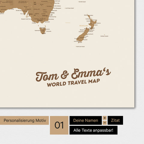 Personalisierte Weltkarte in Bronze mit deinem Namen eingedruckt