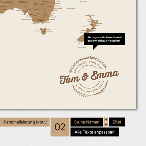Alternatives Motiv für eine Personalisierung mit deinem Namen auf einer Weltkarte in Bronze