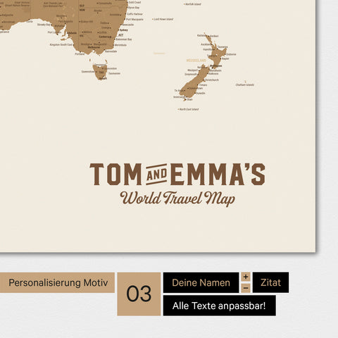 Weltkarte in Bronze mit einem Vintage-Logo als moderne Personalisierung