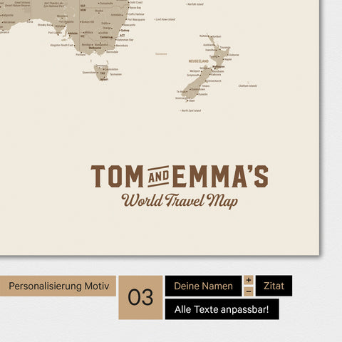 Weltkarte in Farbe Desert Sand mit einem Vintage-Logo als moderne Personalisierung