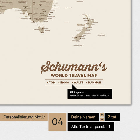 Weltkarte in Farbe Desert Sand mit Personalisierung als Familien-Logo