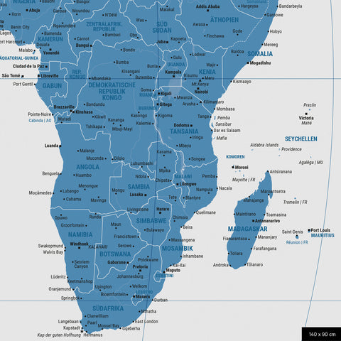 Weltkarte in der Equal-Earth-Projektion, Farbe Blau, zeigt einen Ausschnitt von Afrika in seinen korrekten Größenverhältnissen und Proportionen