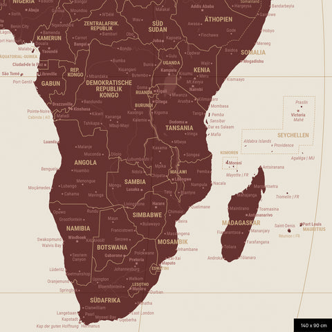 Weltkarte in der Equal-Earth-Projektion, Farbe Bordeaux Rot, zeigt einen Ausschnitt von Afrika in seinen korrekten Größenverhältnissen und Proportionen